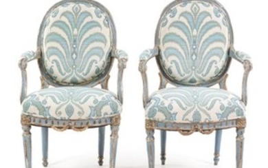 A Pair of Louis XVI Style Painted and Parcel Gilt Fauteuils