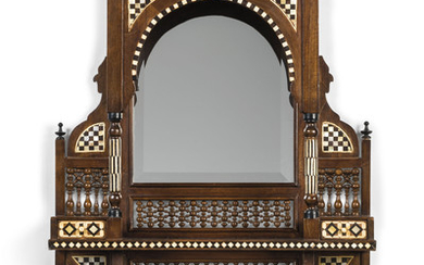 A PAIR OF MOROCCAN MOTHER-OF-PEARL AND CAMEL BONE-INLAID BEECH MIRRORED SHELVES, LATE 20TH CENTURY