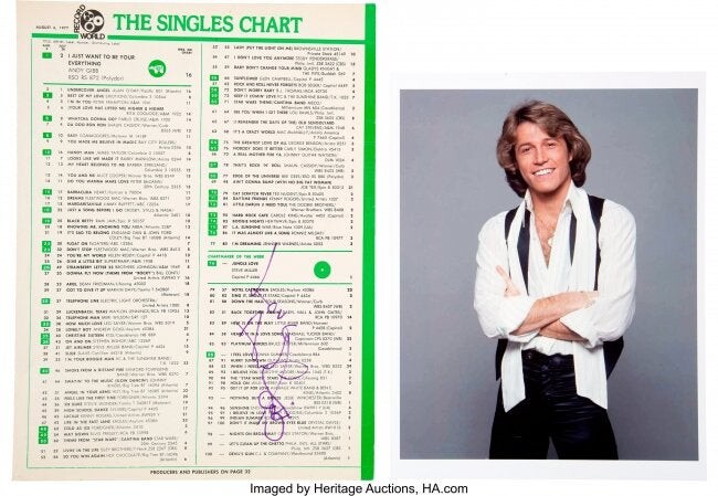 89777: Andy Gibb Signed Record World Singles Chart (197