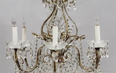 SIX-LIGHT, GOLD TONE METAL AND CRYSTAL CHANDELIER