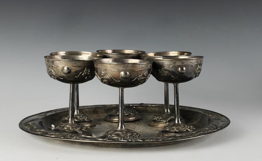 Set of 7 Chinese Silver Wine Vessels, 19th Century