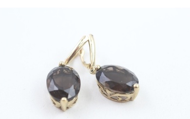 9ct gold oval cut smokey quartz drop leaver back earrings (6...