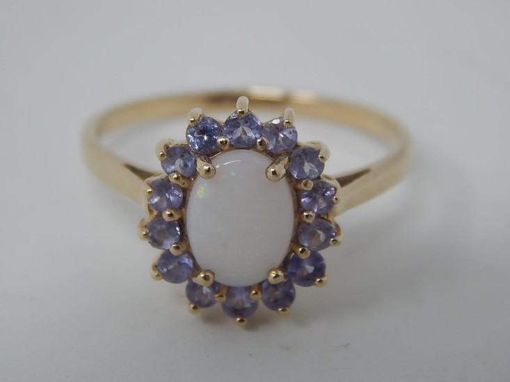 9ct yellow gold opal and purple stone cluster ring, oval cut...