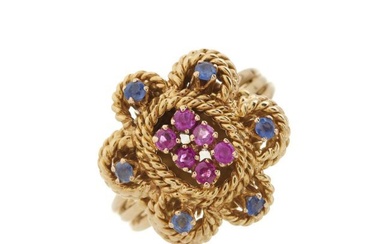 A 1970s 18ct gold pink and blue sapphire floral dress ring