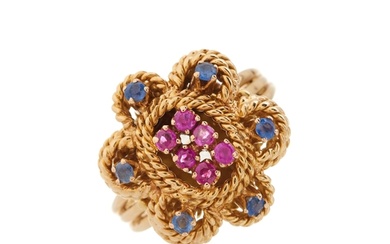 A 1970s 18ct gold vari-hue sapphire floral dress ring, ring ...