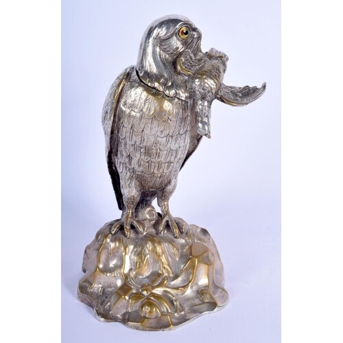 A 19TH CENTURY EUROPEAN SILVERED BRONZE EAGLE INKWELL of nat...