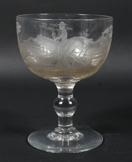 A 19th century engraved glass hunting rummer, with cup shaped bowl
