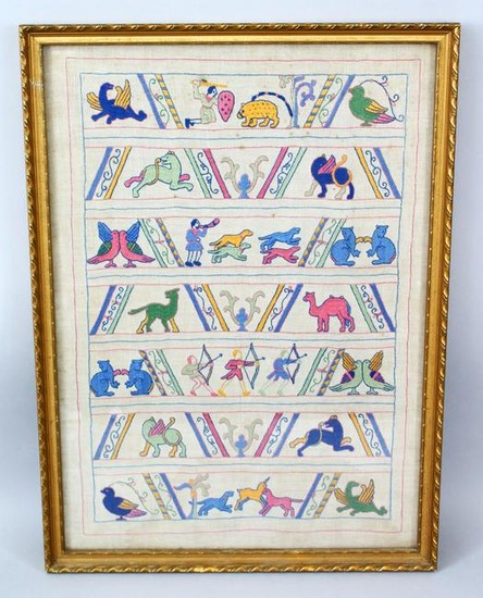 A 20TH CENTURY INDIAN FRAMED EMBROIDERED FABRIC