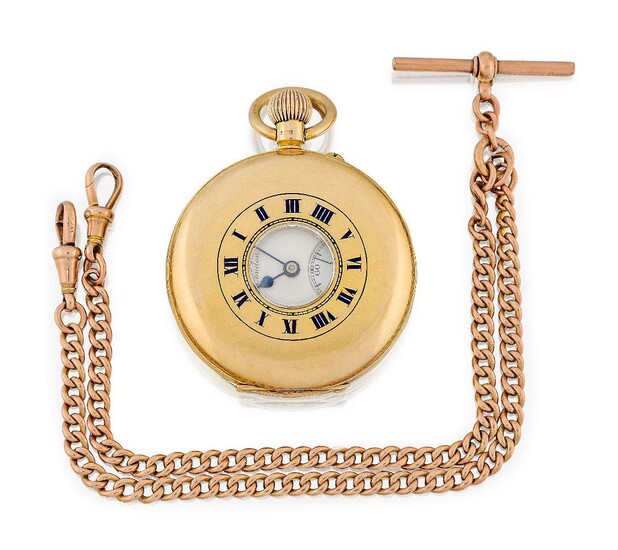 A 9ct gold demi-hunter case pocket watch and 9ct gold watch chain, the white enamel dial with Roman numerals and subsidiary seconds and blued steel hands, signed J W Benson, London, the three quarter plate jewelled lever movement with bi-metallic...