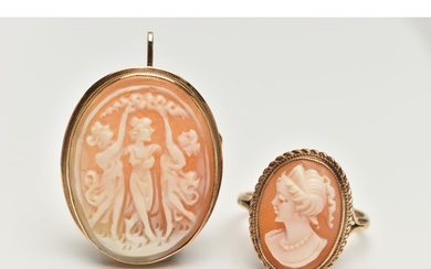 A CAMEO BROOCH AND RING, an Italian yellow metal brooch and ...