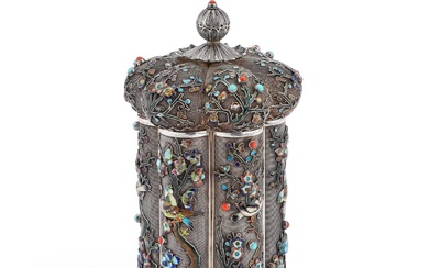 A CHINESE SILVER-GILT, FILIGREE AND ENAMEL TEA CADDY