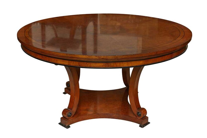 A CIRCULAR BURR WOOD AND BANDED AND LINE INLAID DINING TABLE, LATE 20TH CENTURY