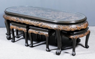 A Chinese Carved Wood Oblong Low Table and Six...