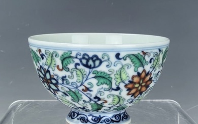 A Chinese Doucai Enameled Porcelain Tea Cup Yongzheng Mark