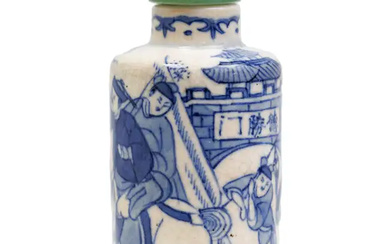 A Chinese blue and white 'battle' soft-paste porcelain snuff bottle Qing dynasty,...