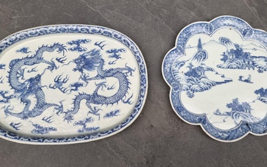 A Chinese blue and white dish, four character mark to b...