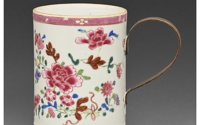 A Chinese export famille rose cylindrical mug, 18th c, with ...