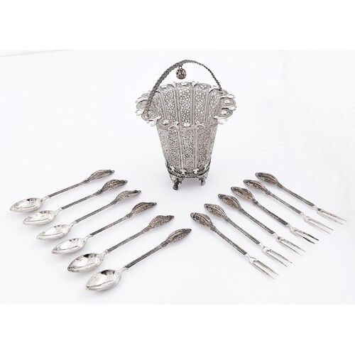 A Cypriot filigree silver basket and six spoons and forks, 2...