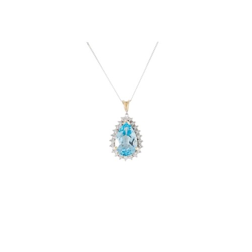 A DIAMOND AND TOPAZ PENDANT, pear shaped, mounted in white g...