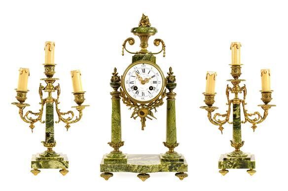 A French Green Marble Portico Striking Mantel Clock with Garniture,...