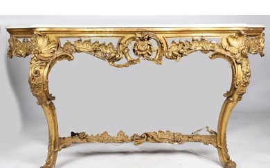 A George III parcel gilt and marble console table, the serpe...