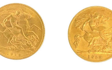 A George V 1914 half sovereign and a George V...