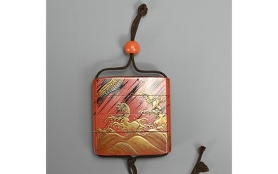 A JAPANESE EDO PERIOD (MID-19TH CENTURY) RED LACQUER INRO. O...