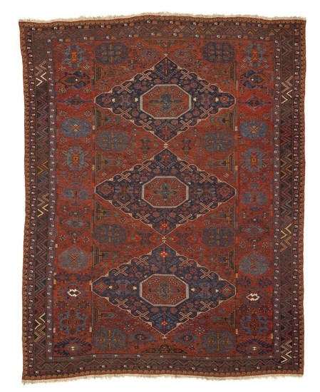 A Kuba sumac carpet, Caucasus. A classical three stylized medallion design. First half 20th century. 347×271 cm.