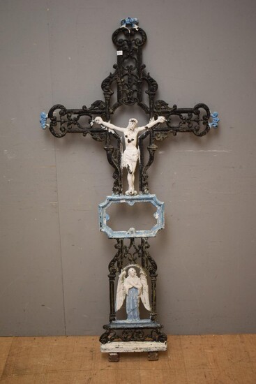 A LARGE 19TH CENTURY FRENCH CAST IRON CROSS WITH IMAGE OF JESUS IN CENTRE AND ANGLE FIGURE TO BASE - BLUE HIGHLIGHTS (159H x 78W CM)...