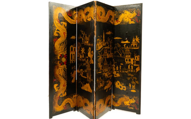 A LATE 19TH CENTURY CHINESE EXPORT CHINOISERIE DECORATED FOUR FOLD SCREEN