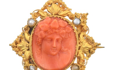 A Late 19th Century Coral and Split Pearl Cameo Brooch...