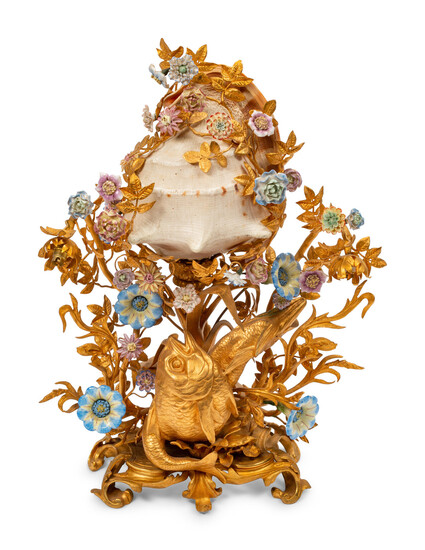 A Louis XV Style Gilt Bronze, Porcelain and Seashell Mounted Sea Motif Lamp