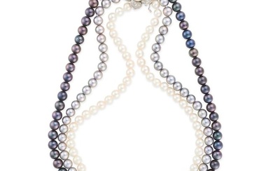 A MULTICOLOUR PEARL AND DIAMOND NECKLACE in 14ct white gold, comprising three rows of pearls