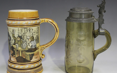 A Mettlach stoneware stein, circa 1885, decorated with a tavern scene, by Warth, impressed marks to
