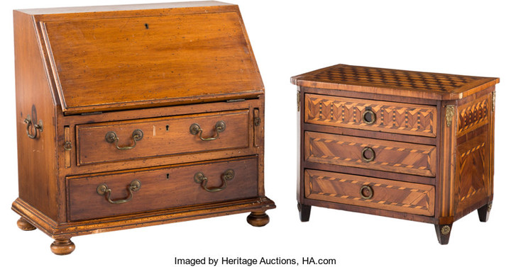 A Minature George III-Style Fruitwood Secretary and a Miniature Italian Parquetry Inlaid Commode (19th and late 18)