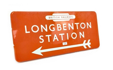 A NORTH EASTERN RAILWAYS OBLONG POINTER SIGN - LONGBENTON STATION