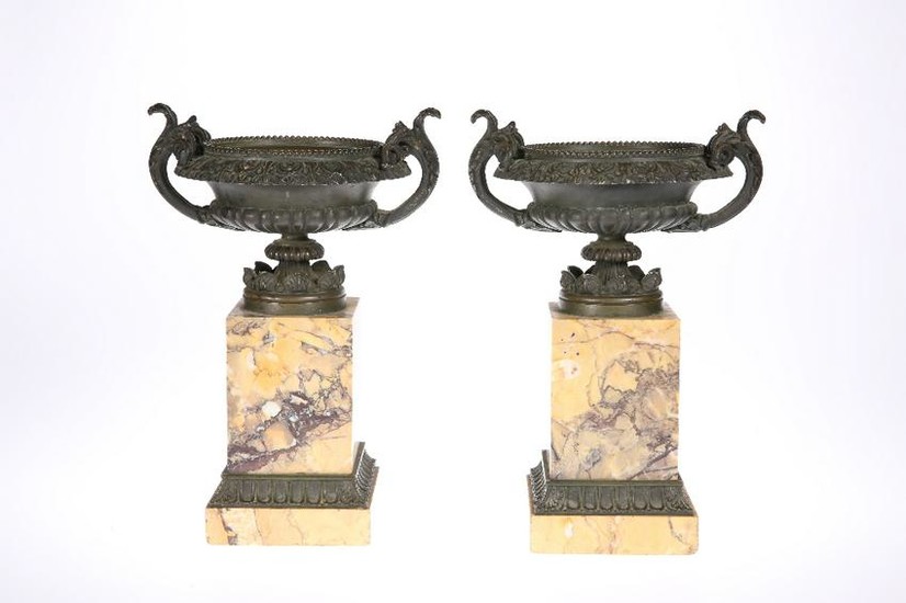 A PAIR OF 19TH CENTURY SIENNA MARBLE AND BRONZE URNS
