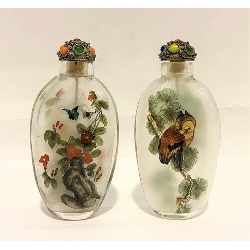 A PAIR OF ANTIQUE CHINESE INSIDE PAINTED GLASS SNUFF BOTTLES...