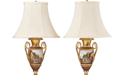 A PAIR OF PARIS PORCELAIN PURPLE-GROUND VASES, MOUNTED AS LAMPS...