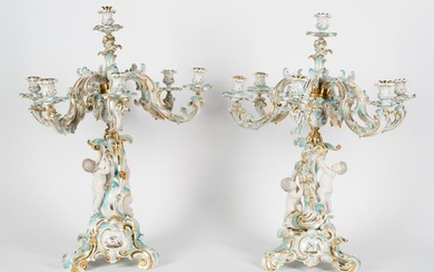 A PAIR OF RUSSIAN NEO-ROCOCO STYLE GILT PORCELAIN CANDLE STICKS, BY AUGUST SPIESS (GERMAN