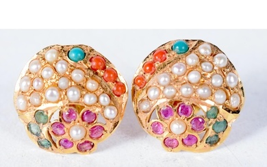 A Pair of 22 Carat Gold Earrings set with Pearls, Emeralds a...