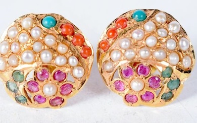 A Pair of 22 Carat Gold Earrings set with Pearls, Emeralds and Rubies. Stamped 22 CT, 1.6 cm diamet