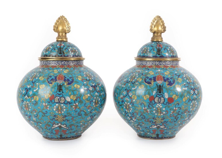 A Pair of Chinese Cloisonné Enamel Jars and Covers, Qing dynasty probably Qianlong, of ovoid...