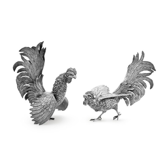 A Pair of Continental Silver Roosters, Mid 20th Century