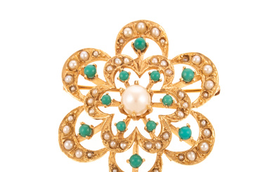 A Pearl & Turquoise Flower Pin/Pendant in 14K