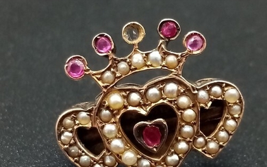 A REGAL STYLE GOLD , BURMESE RUBY AND PEARL BROOCH POSSIBLY ...