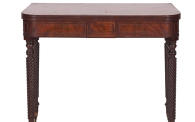 A Regency mahogany tea table, circa 1815; the hinged rectang...