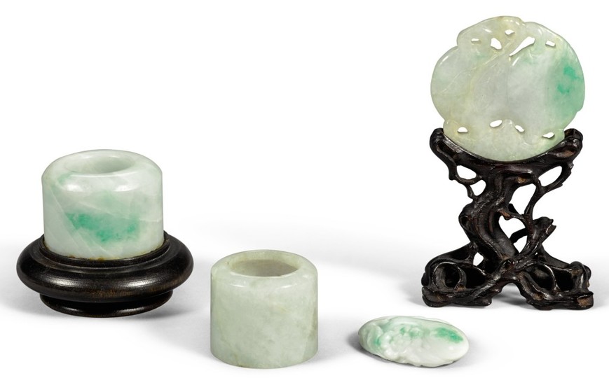A STUDY GROUP OF FOUR JADEITE CARVINGS LATE QING DYNASTY | 晚清 翠玉雕飾一組四件