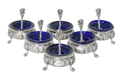 A Set of Six Victorian Silver Salt-Cellars and Six Victorian Silver Condiment-Spoons The Salt-Cellars by Robert Harper, London, 1872, The Condiment-Spoons by Robert Hennell, London, 1871 and 1872