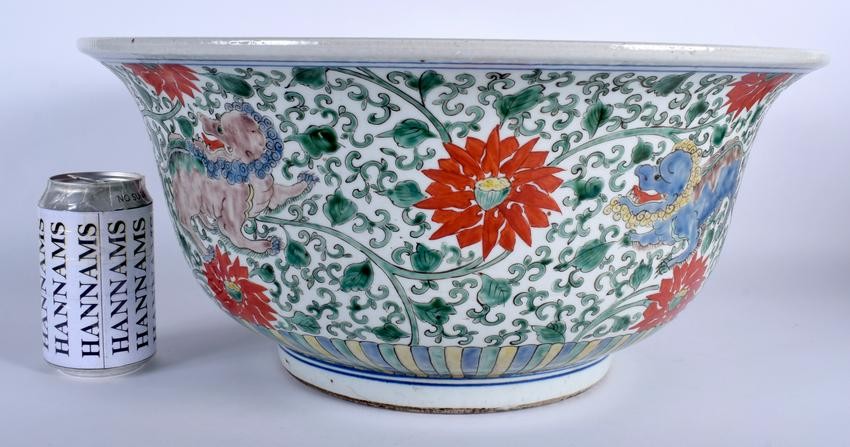 A VERY LARGE CHINESE WUCAI PORCELAIN BOWL probably Late